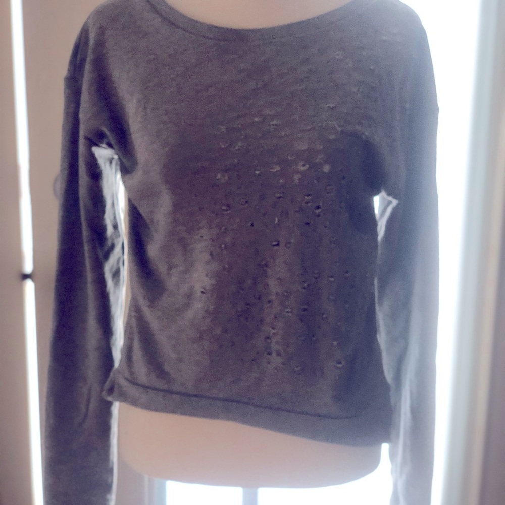 Grey, high lo, crew, distressed sweatshirt,